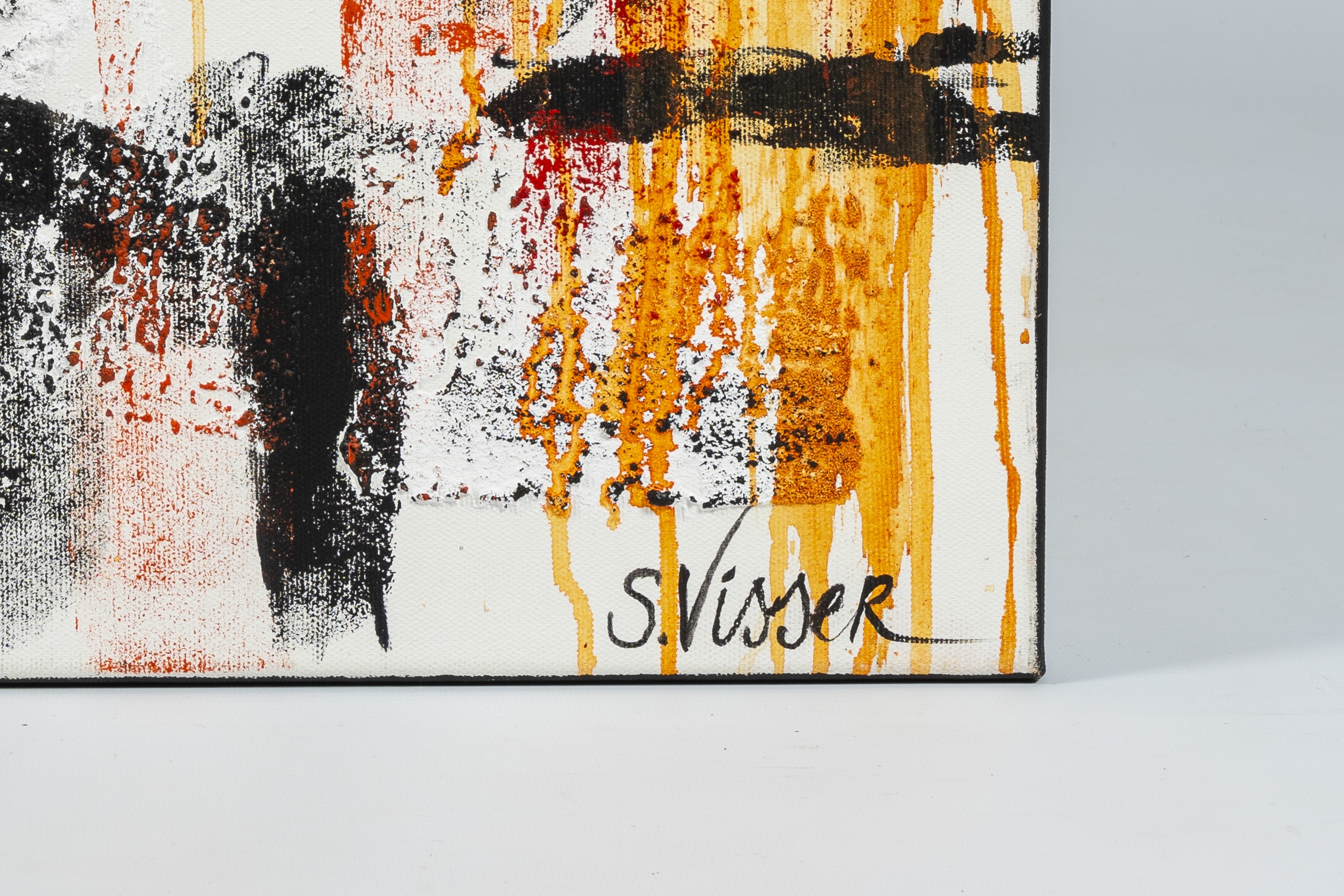 An abstract canvas featuring a grid of warm-toned, dripping paint with black linear structures.