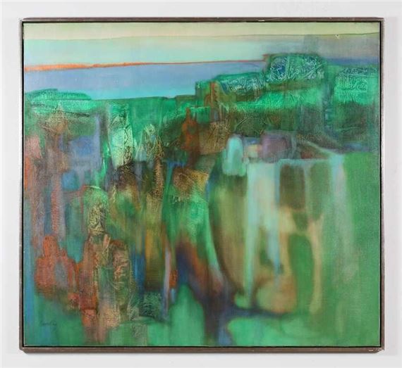 Abstract green painting with landscape and a city in background by Florence Hasenflug, 1990