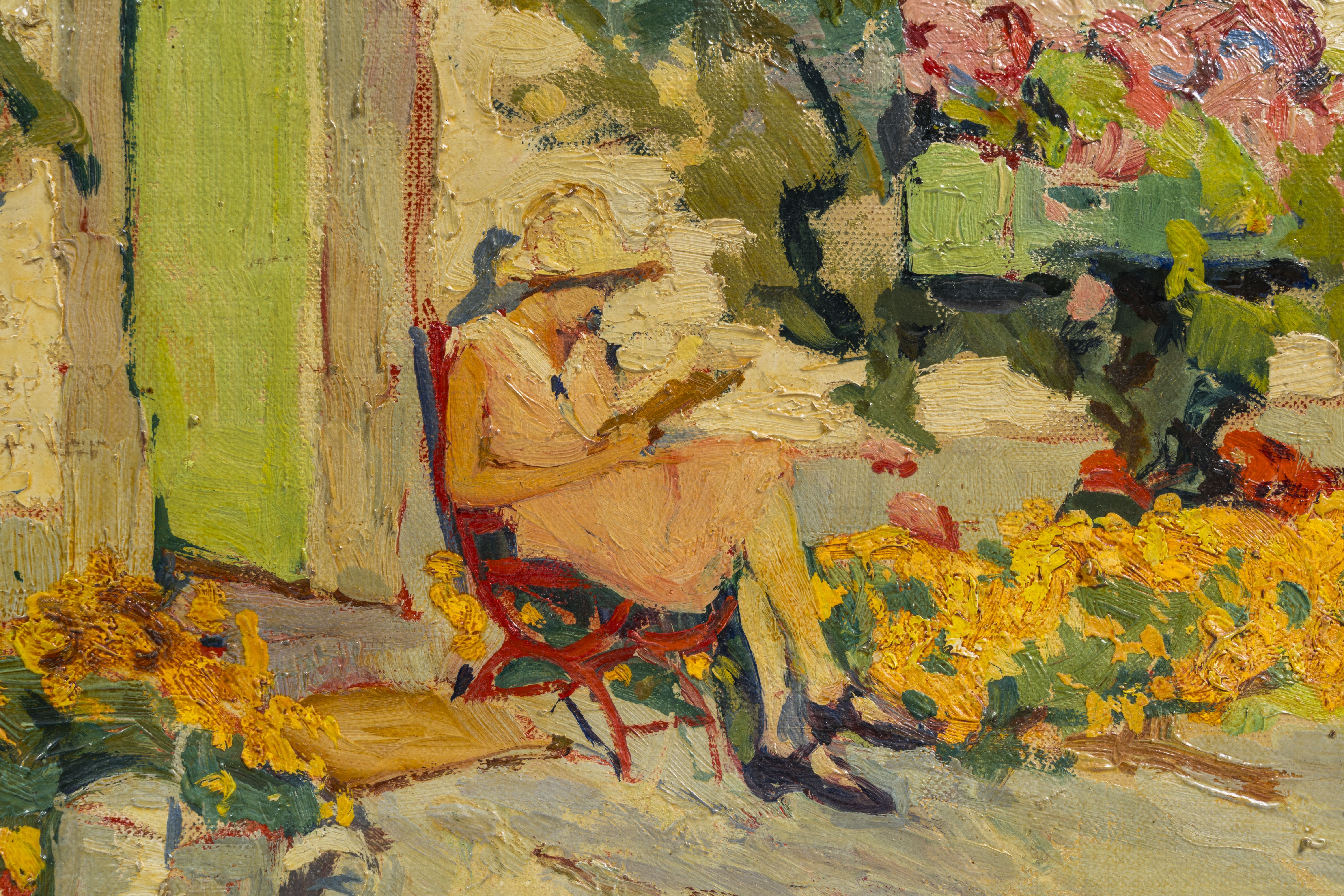Artwork by Jean Stevan, Girl reading in a sun-drenched garden, Made of oil on canvas