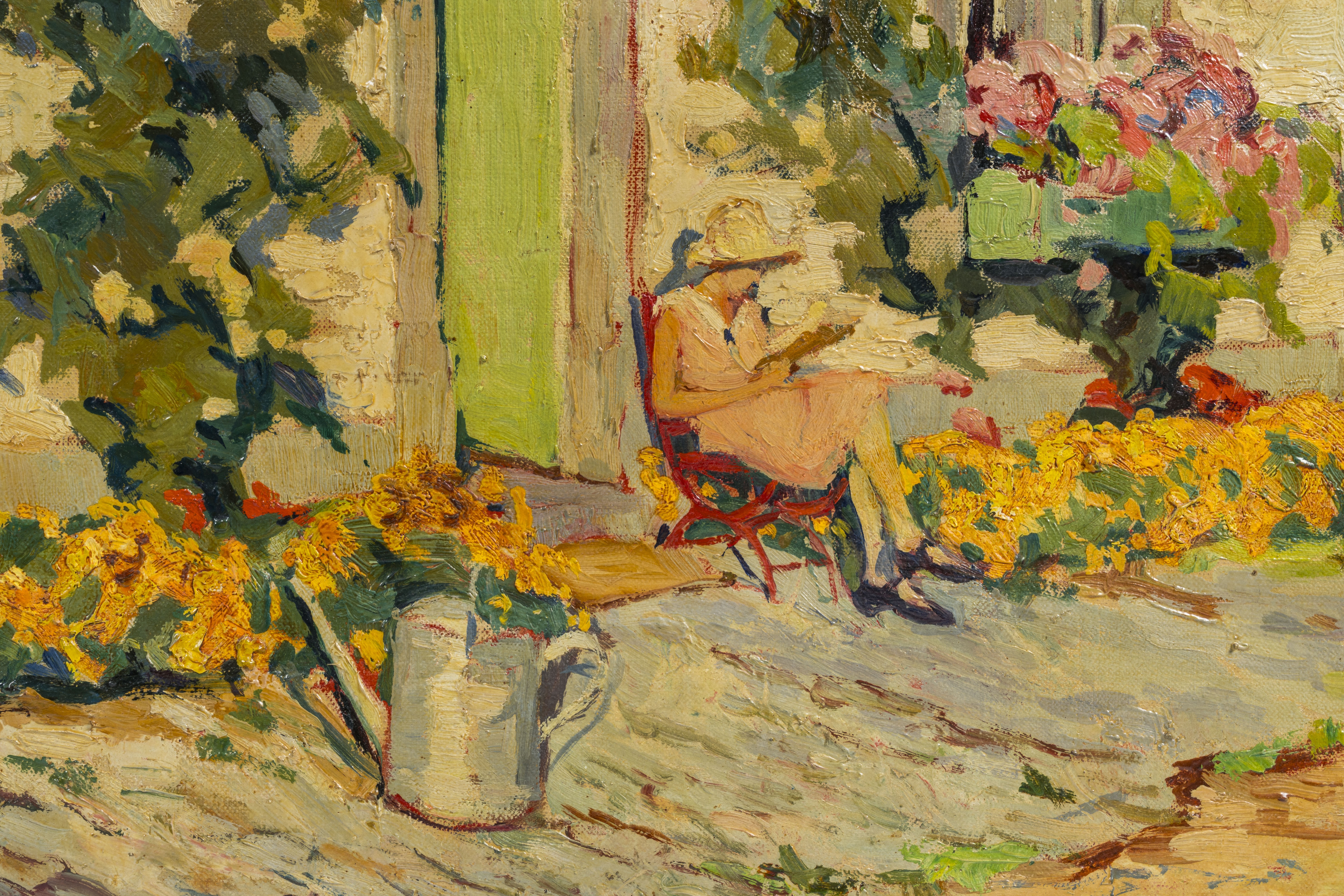 Artwork by Jean Stevan, Girl reading in a sun-drenched garden, Made of oil on canvas