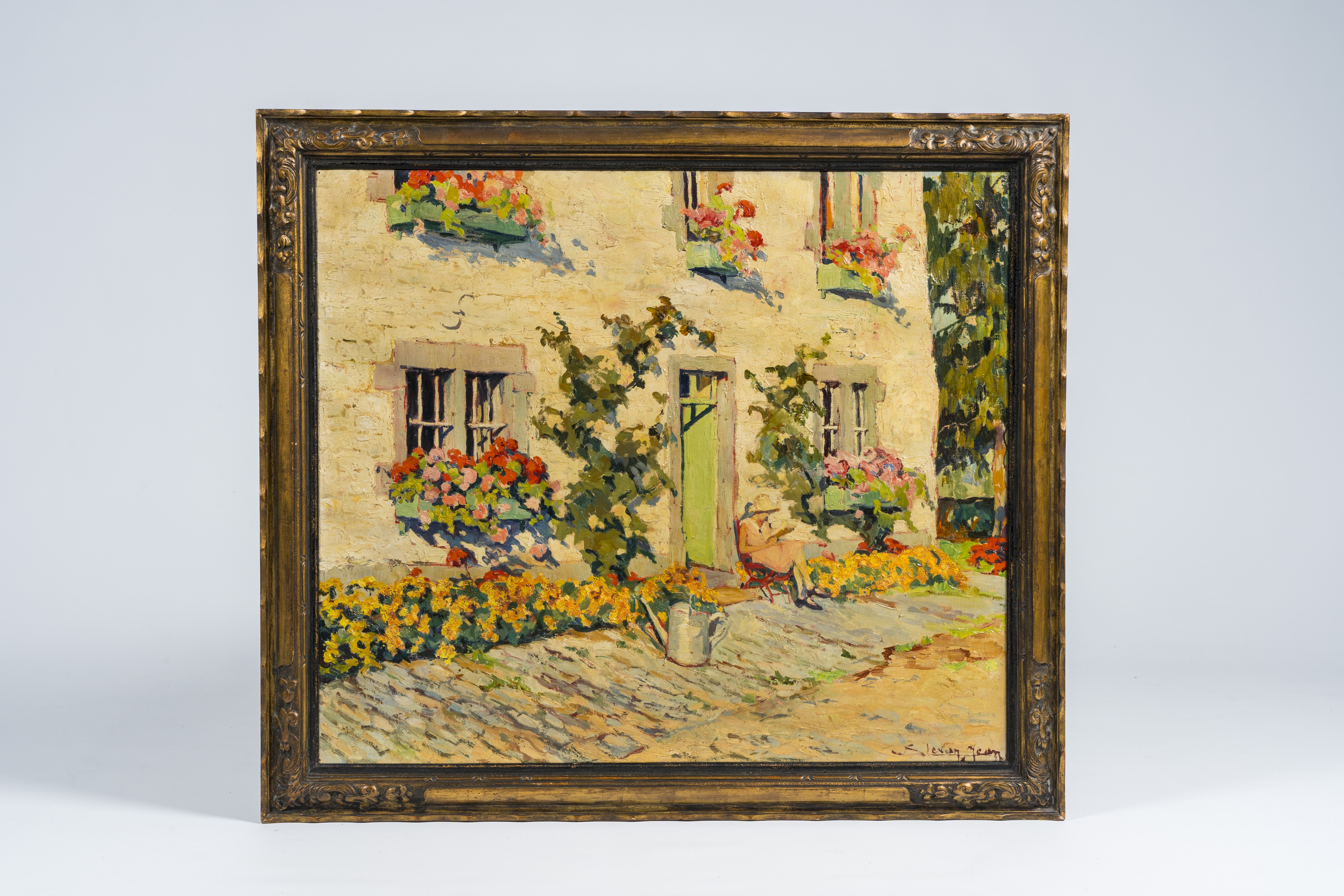 Artwork by Jean Stevan, Girl reading in a sun-drenched garden, Made of oil on canvas