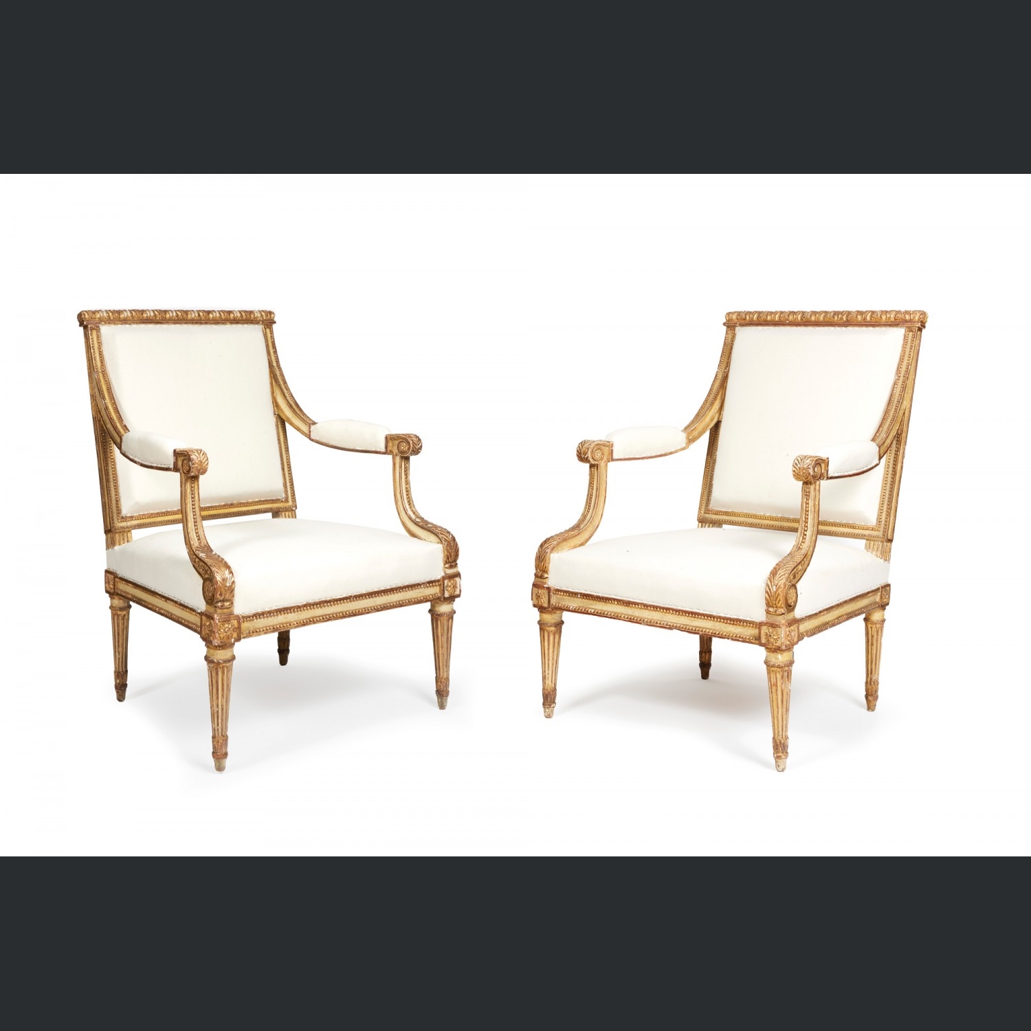 Artwork by Jean-baptiste Lelarge, Paire de fauteuils à dossier légèrement rectangulaire en bois doré mouluré et sculpté de frises de feuilles d'acanthe et de perles