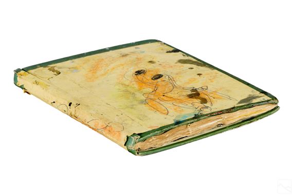 A weathered, hand-painted book cover featuring a whimsical figure and abstract splashes of color.