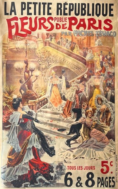 La Petite république publishes Fleur de Paris by Michel Zévaco. Circa 1900. Lithographic poster. Affiches Pichot by Gino Starace, Circa 1900