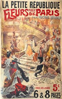 La Petite république publishes Fleur de Paris by Michel Zévaco. Circa 1900. Lithographic poster. Affiches Pichot - Gino Starace