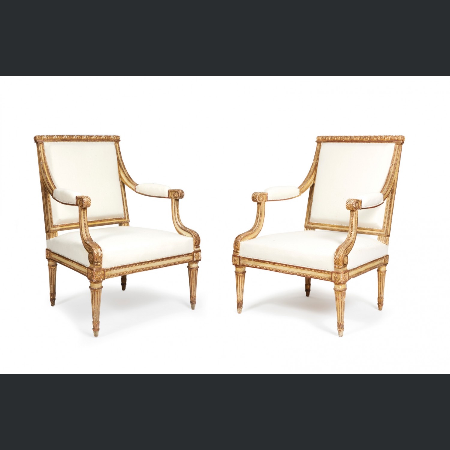 Artwork by Jean-baptiste Lelarge, Paire de fauteuils à dossier légèrement rectangulaire en bois doré mouluré et sculpté de frises de feuilles d'acanthe et de perles