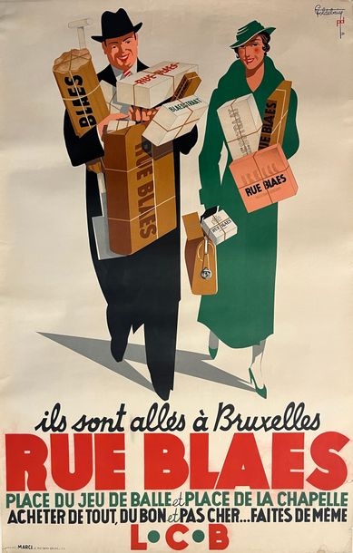 Artwork by Pol Debaise, They went to Brussels Rue Blaes. Place du jeu de Balle and Place de la Chapelle. Buy everything, good and cheap... Do the same. 1935. Lithographic poster. Affiches Marci, Brussels. Bound, rather good condition: restored tears. Misses, tears and transfer of colors in the lower part of the poster. 99 x 62 cm. Bibliography : Gérard Marcy. Marci posters 1880 - 1970. Gérard Marci Editor 1999. Pages 148 and 149. Ill. 77., Made of Lithographic poster