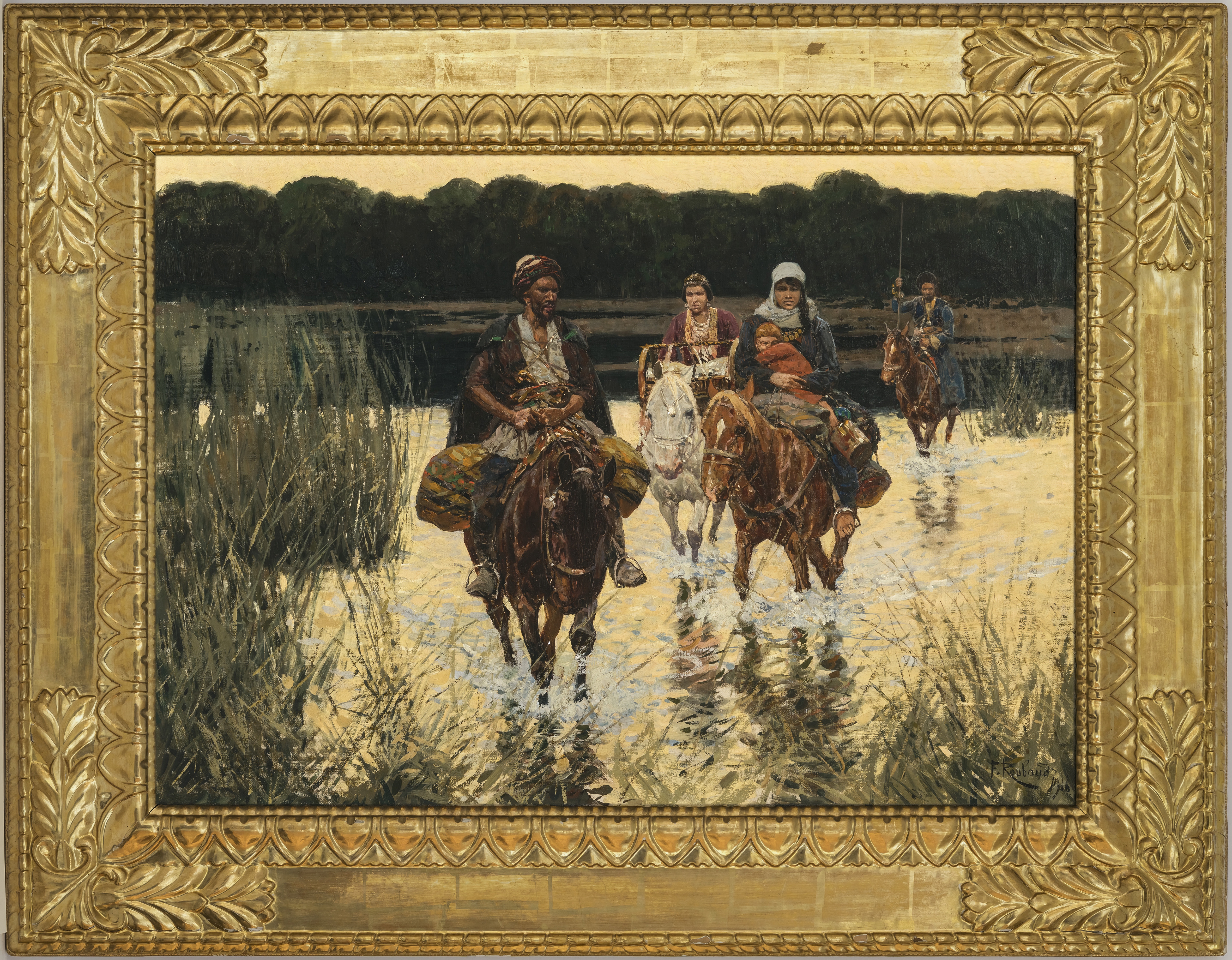 Artwork by Frants Alekseevich Rubo, Kosaken zu Pferde bei der Überquerung eines Flusses, Made of Oil on canvas