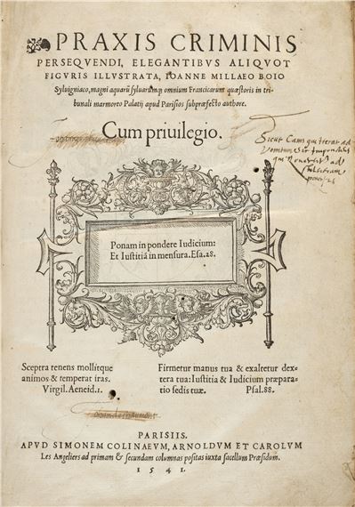 Praxis criminis persequendi, elegantibus aliquot figuris illustrata. Paris : Simon de Colines, 1541 - Jean de Mille