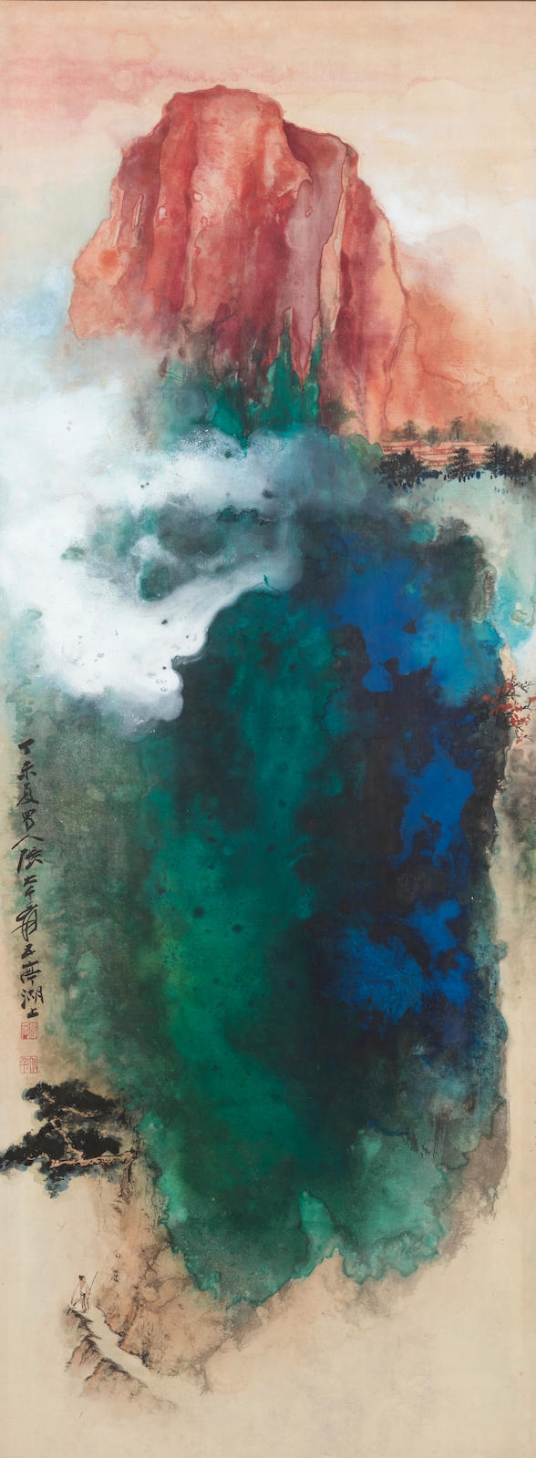 Artwork by Zhang Daqian, Autumn Mountain at Sunset, Made of Ink and splashed colour on silk