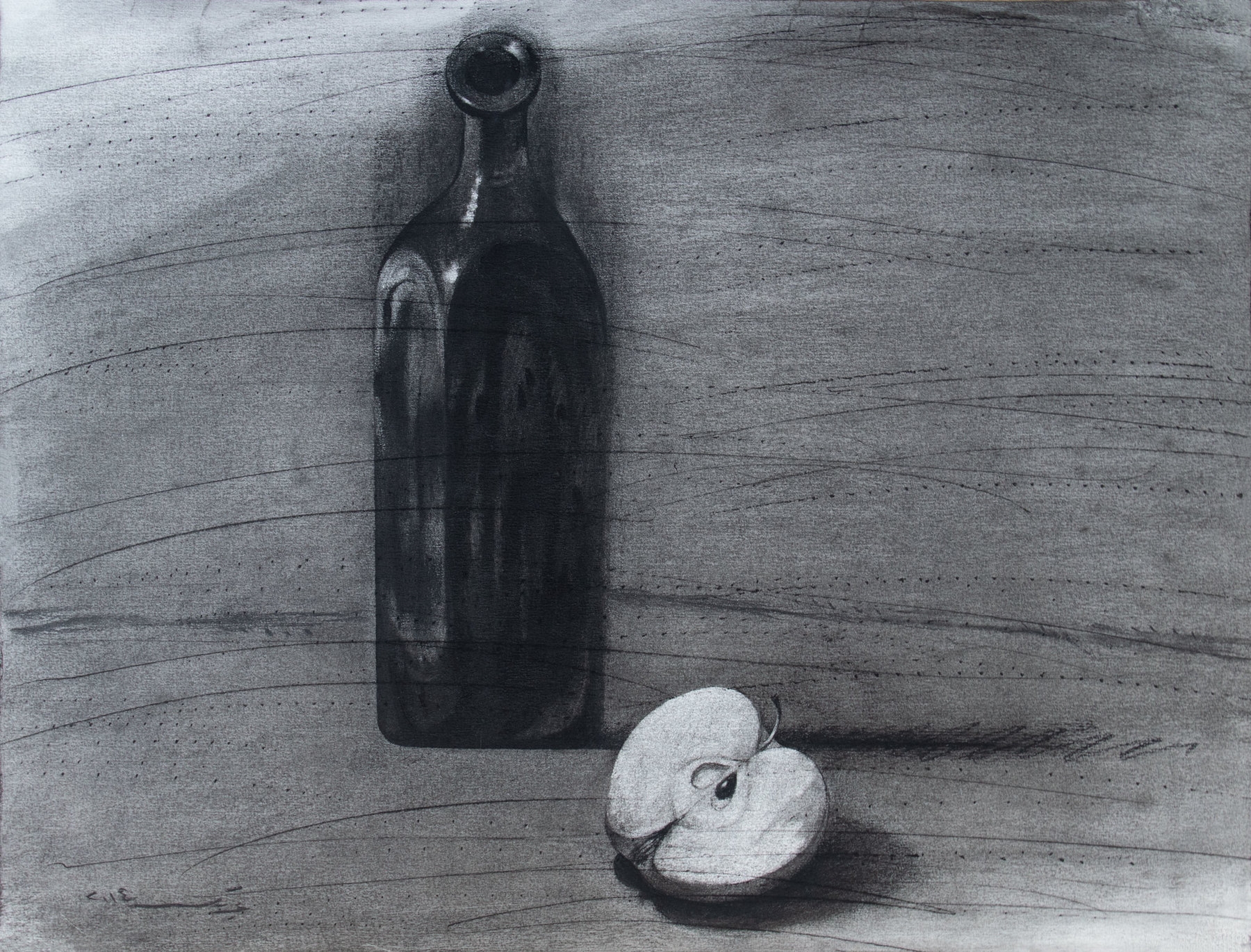 Artwork by Youssef Abdelke, The Apple and The Bottle, Made of charcoal on cardboard