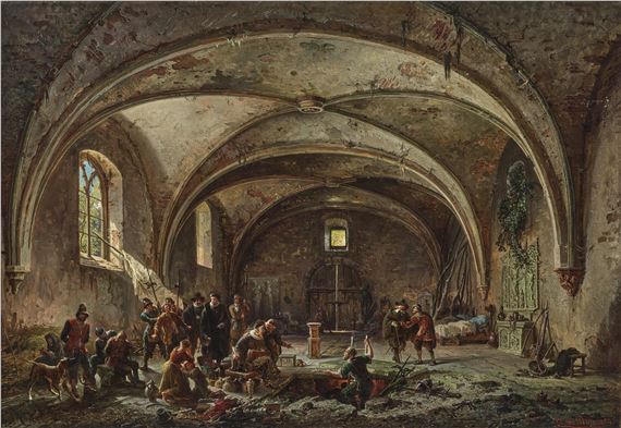 "Auffindung einer Diebsbande in einer verlassenen Kapelle" by August von Wille, dated 1854