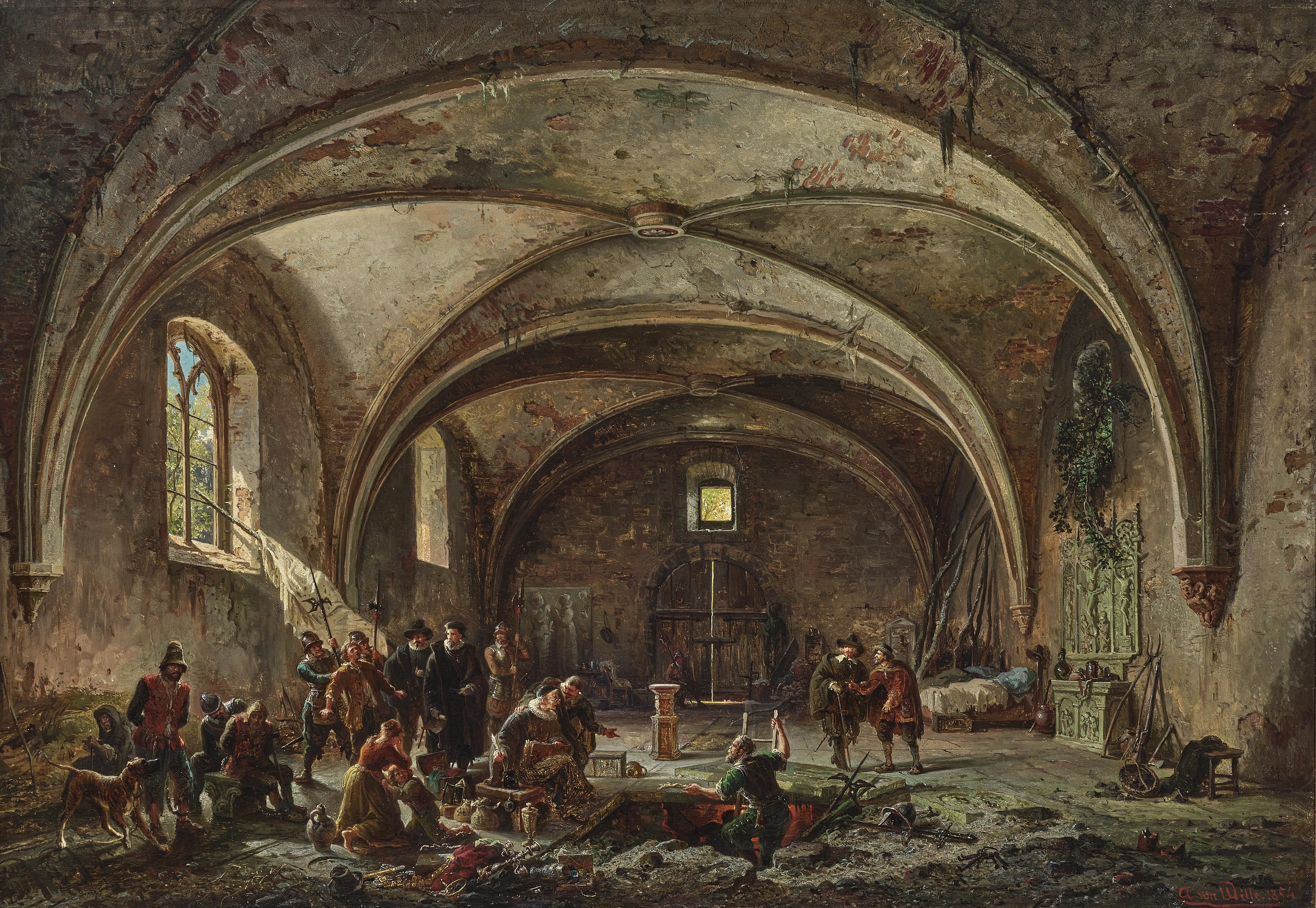 Artwork by August von Wille, "Auffindung einer Diebsbande in einer verlassenen Kapelle", Made of Oil on canvas