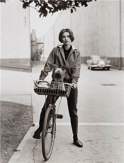 Sid Avery (1918-2002) Audrey Hepburn on her bicycle with her dog "Famous" at Paramount Studios by Sid Avery, 1957