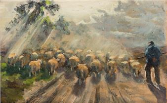 A flock of sheep on a street - Johannes Wilhelm van der Heide