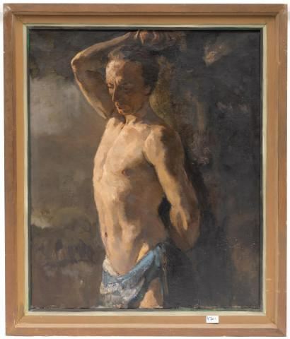 Staande man met lendedoek. Verso portret van een familie. by C. Hund