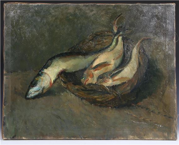 Stilleven met vissen. Hierbij board, figuren op akker