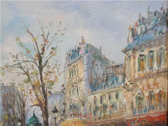 マリオ・パッソーニ作 「Café De Paris」(油絵) Mario Maresca (1877-1959) Vtg.Original Oil Painting on Tile