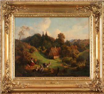 Idyllische Hügellandschaft mit Wassermühle und Ziegenhirten - Adolph Thomas‏