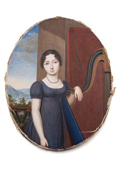Miniature portrait of a Lady in a blue dress with harp in front of a river landscape - Wilhelm August Abel