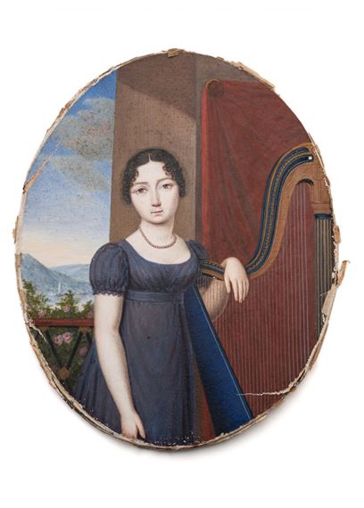 Miniature portrait of a Lady in a blue dress with harp in front of a river landscape - Wilhelm August Abel
