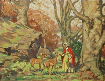 Lady with red shawl and bonnet feeding deers - Leo Bates