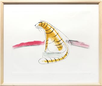 A stylized line drawing of a striped cat sitting on a block with abstract colored strokes in the background.