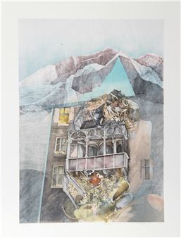 A surreal architectural scene featuring a multi-story building with a balcony, set against a backdrop of mountains and a large triangular void.