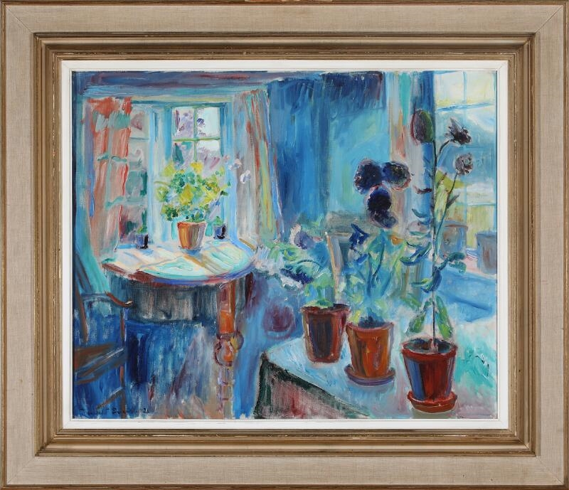 Artwork by Thorvald Erichsen, Interior with flowers at the windows, Made of Oil on canvas