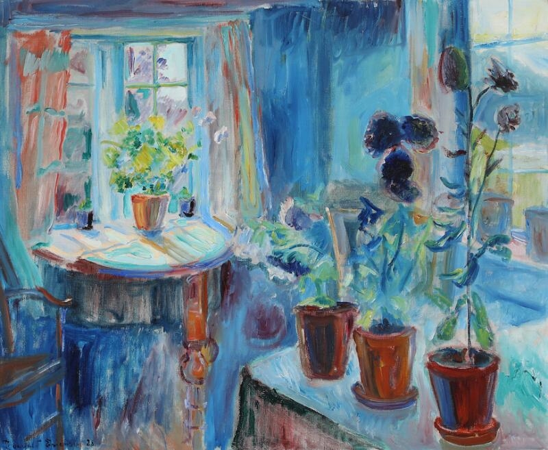 Artwork by Thorvald Erichsen, Interior with flowers at the windows, Made of Oil on canvas