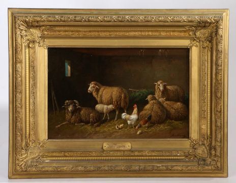 Sheep and Chickens in a Barn by Adolf Nowey