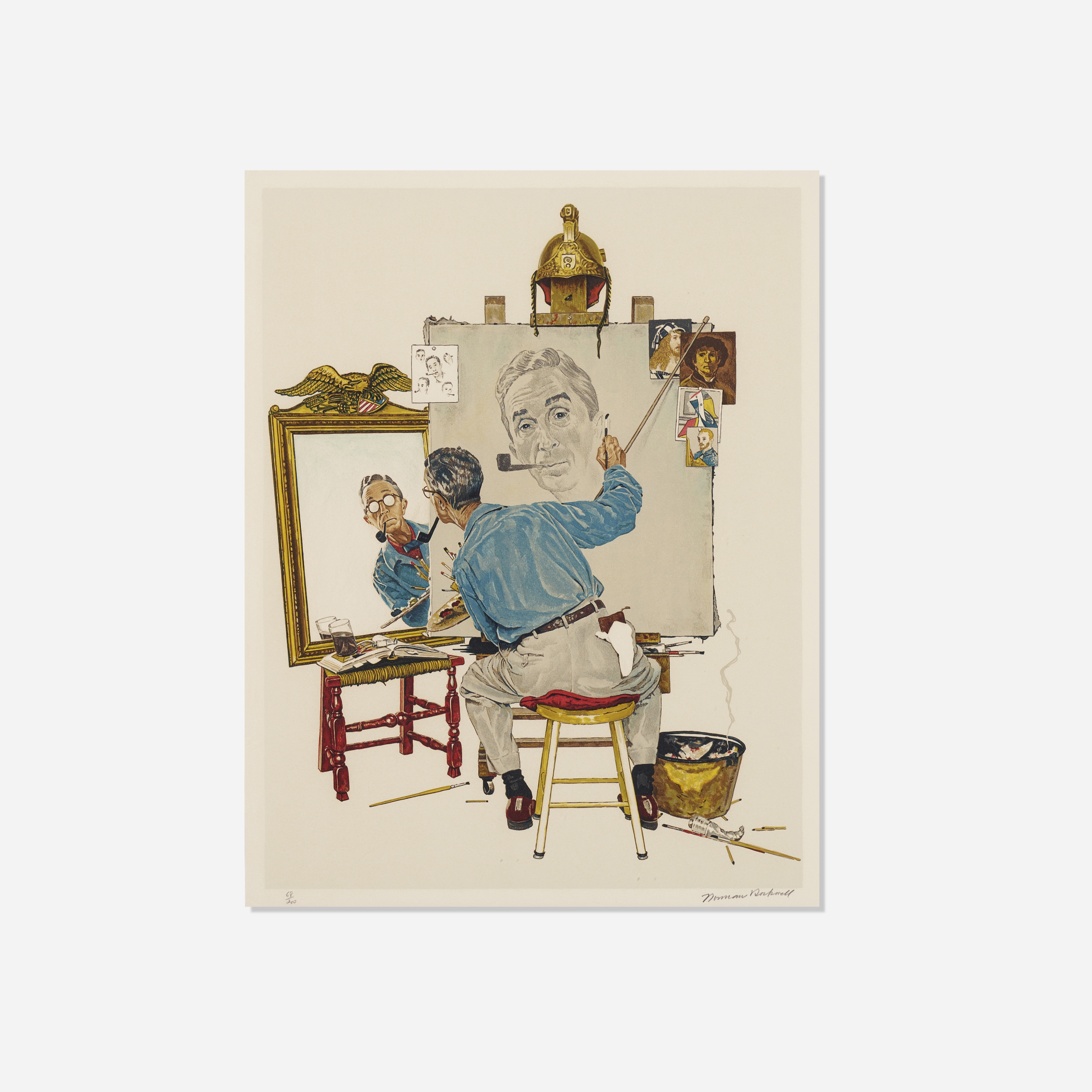Artwork by Norman Rockwell, Triple Self-Portrait, Made of lithograph in colors on Arches