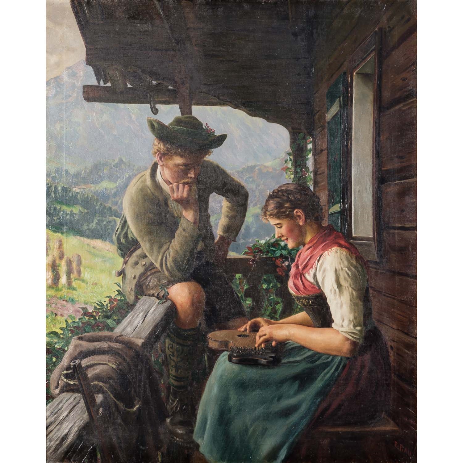 Emil Rau | Young Hunter and Girl with Zither on the Veranda | MutualArt