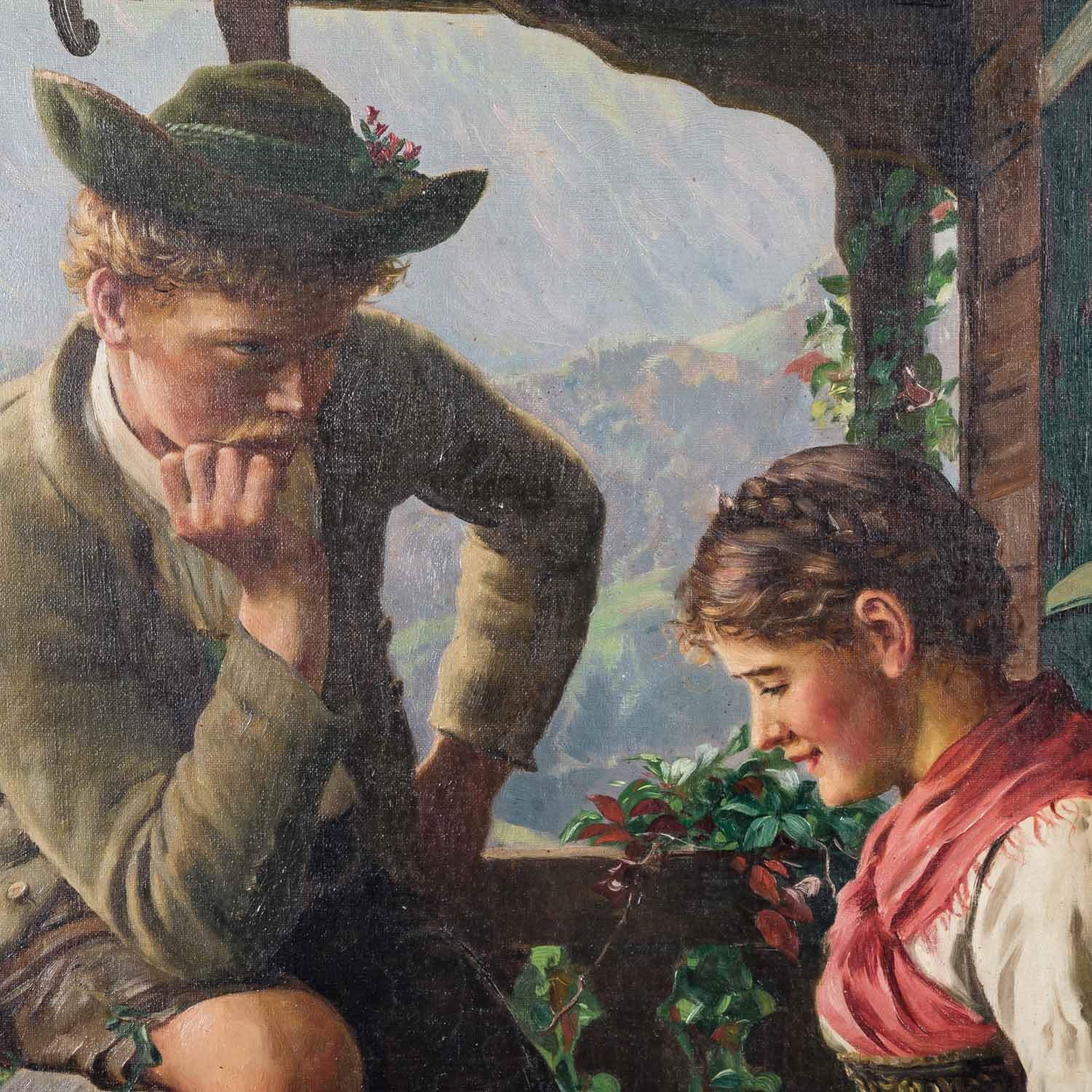 Emil Rau | Young Hunter and Girl with Zither on the Veranda | MutualArt