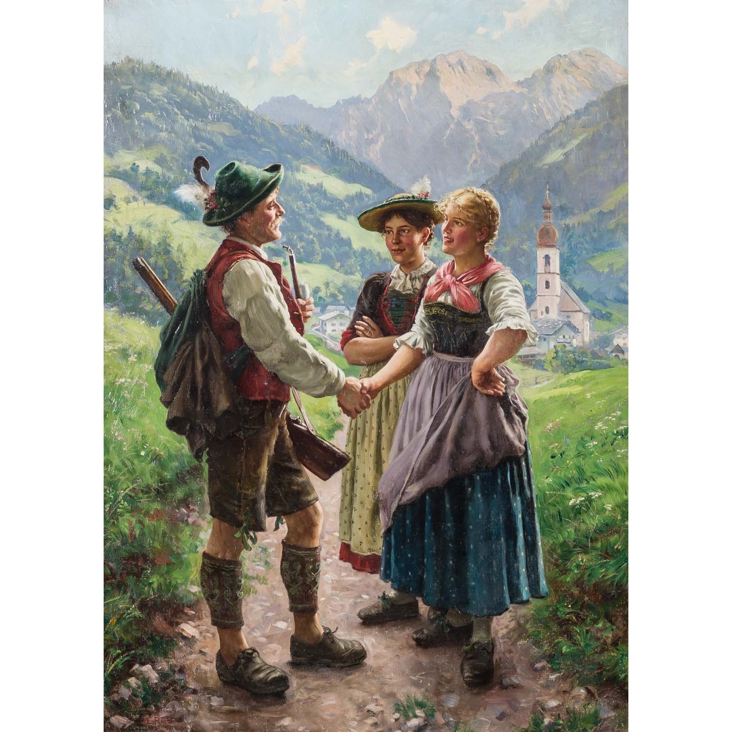 Emil Rau | Encounter in front of a mountain backdrop | MutualArt