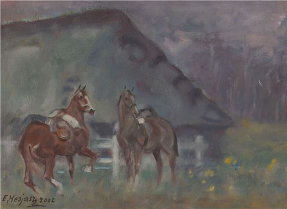 DWA OSIODŁANE KONIE PRZED CHATĄ by Edward Mesjasz, 2002