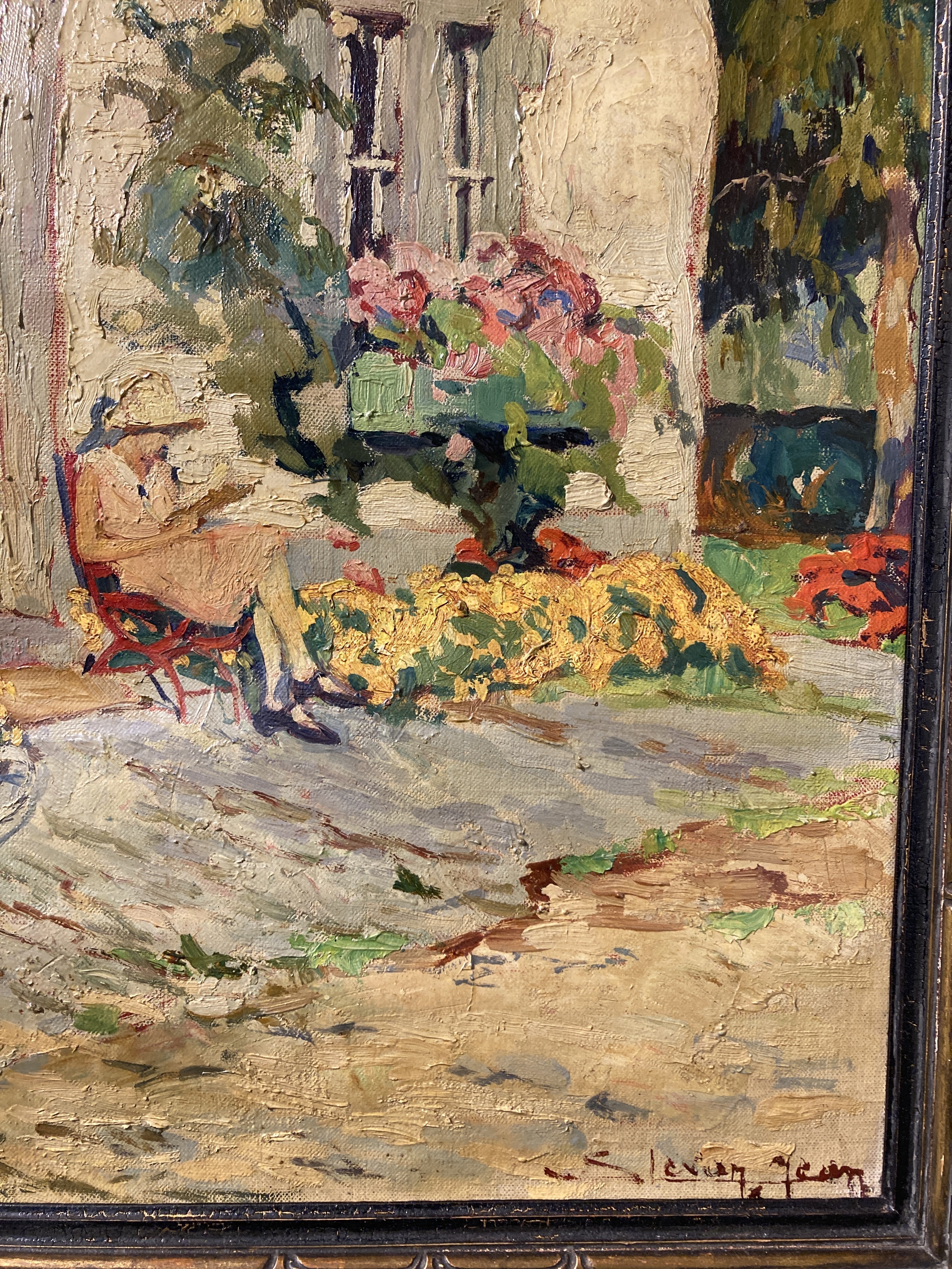 Artwork by Jean Stevan, Girl reading in a sun-drenched garden, Made of oil on canvas
