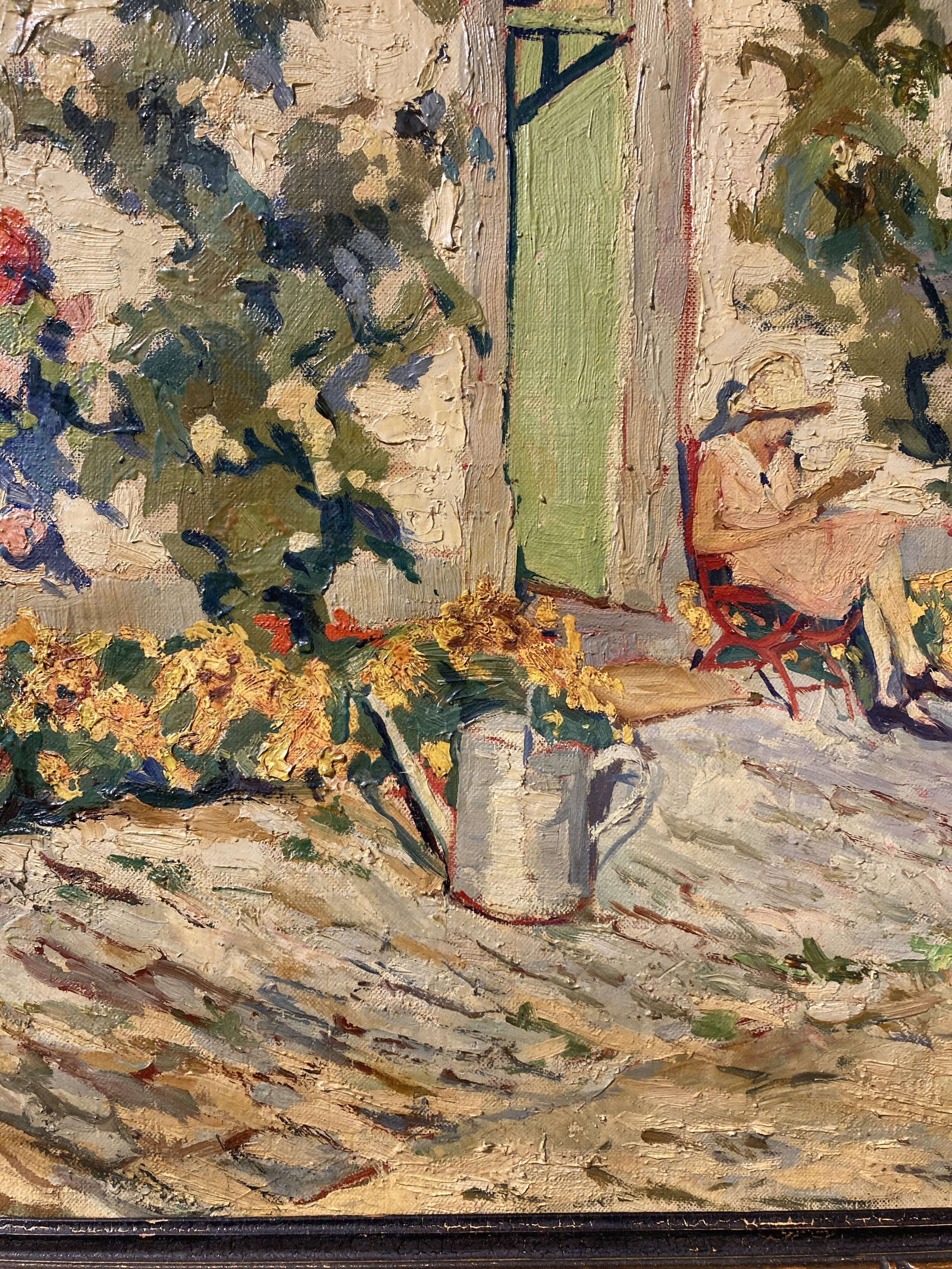Artwork by Jean Stevan, Girl reading in a sun-drenched garden, Made of oil on canvas