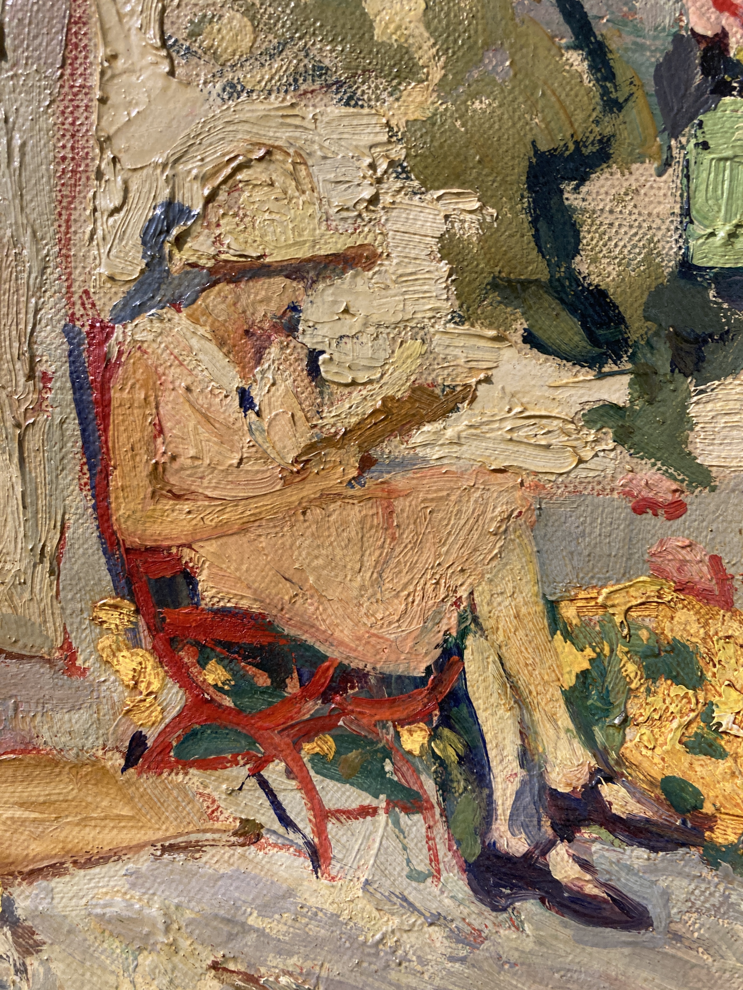 Artwork by Jean Stevan, Girl reading in a sun-drenched garden, Made of oil on canvas