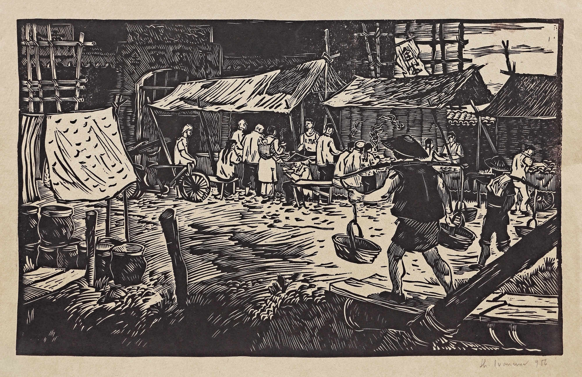 Artwork by Gheorghe Ivanceco, Market in China, Made of linocut