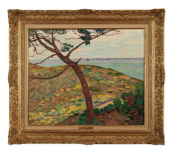Seaside with pine trees. Oil on canvas. Signed lower left. 54 x 66 cm. Framing and repainting on the border and in the sky (right corner). Provenance: Lombrail and Teuckam sale by Armand Guillaumin, 1990