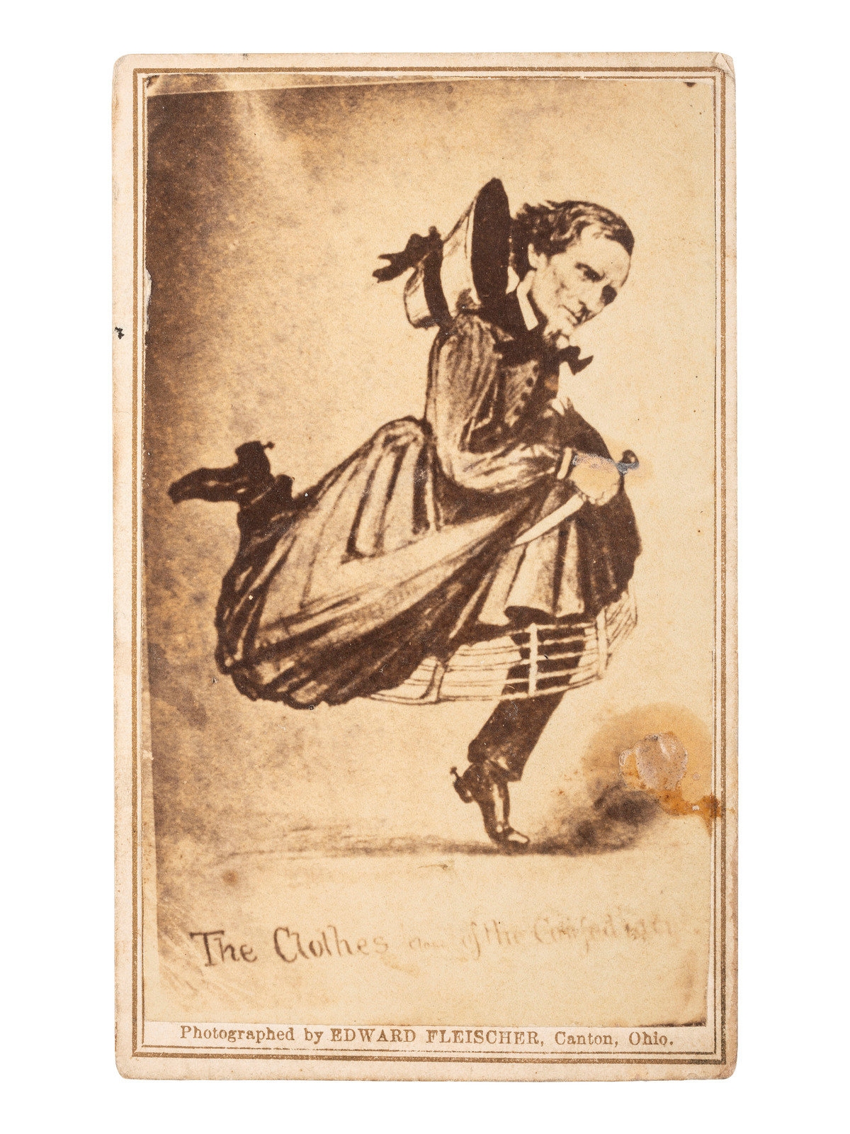 Artwork by Edward Fleischer, CDV caricature of Jefferson Davis escaping in women's clothing