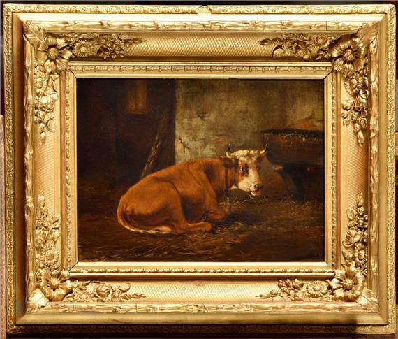 Cow lying in the stable by Rosa Venneman, dated 1860