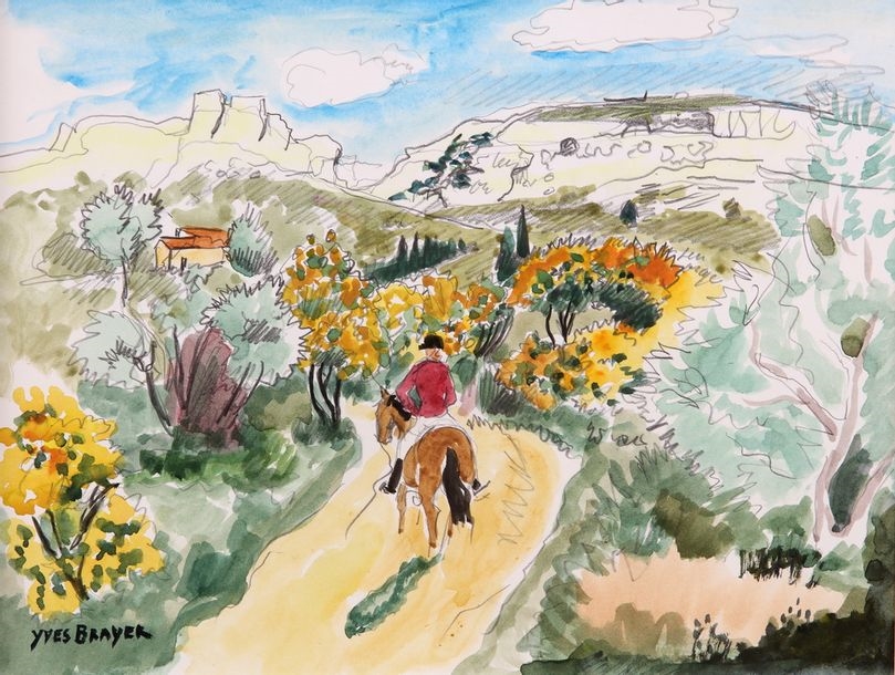 Yves Brayer The path with the rider and the broom Sketch on a pencil