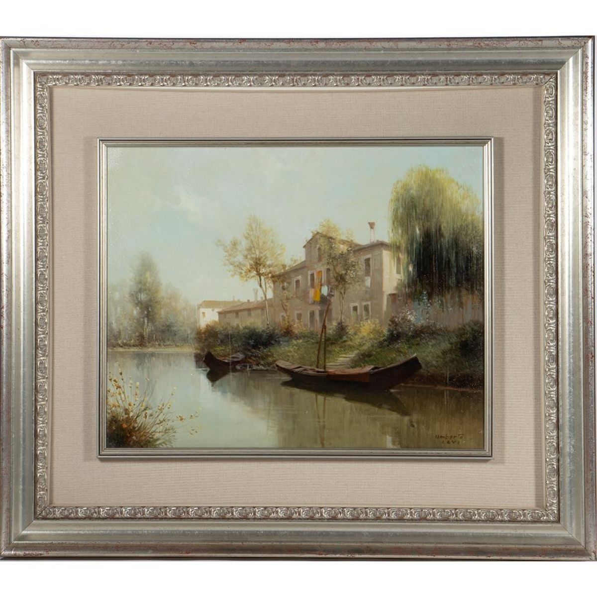 Artwork by Umberto Levi, Medium: Oil on board Title: Untitled (River landscape with houses, Made of Oil on board