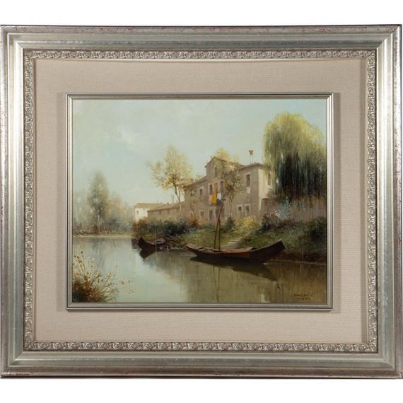 Medium: Oil on board Title: Untitled (River landscape with houses by Umberto Levi, 1930