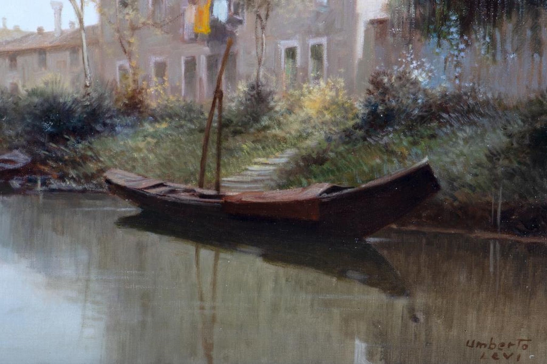 Artwork by Umberto Levi, Medium: Oil on board Title: Untitled (River landscape with houses, Made of Oil on board