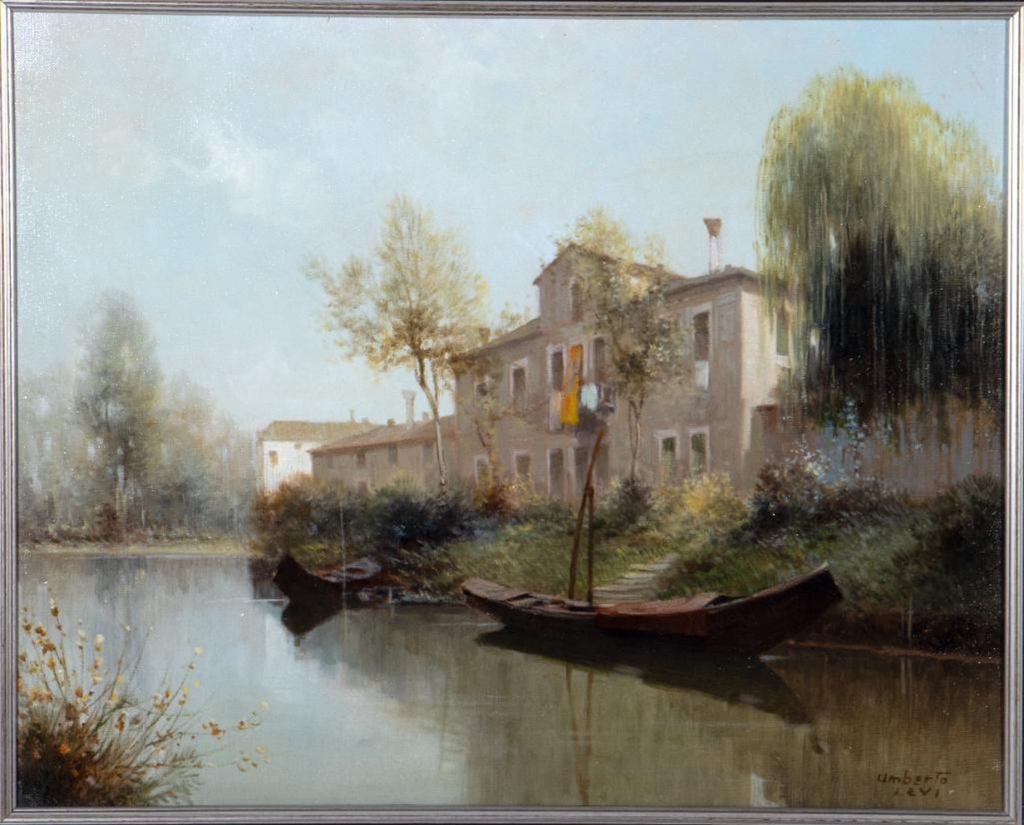 Artwork by Umberto Levi, Medium: Oil on board Title: Untitled (River landscape with houses, Made of Oil on board