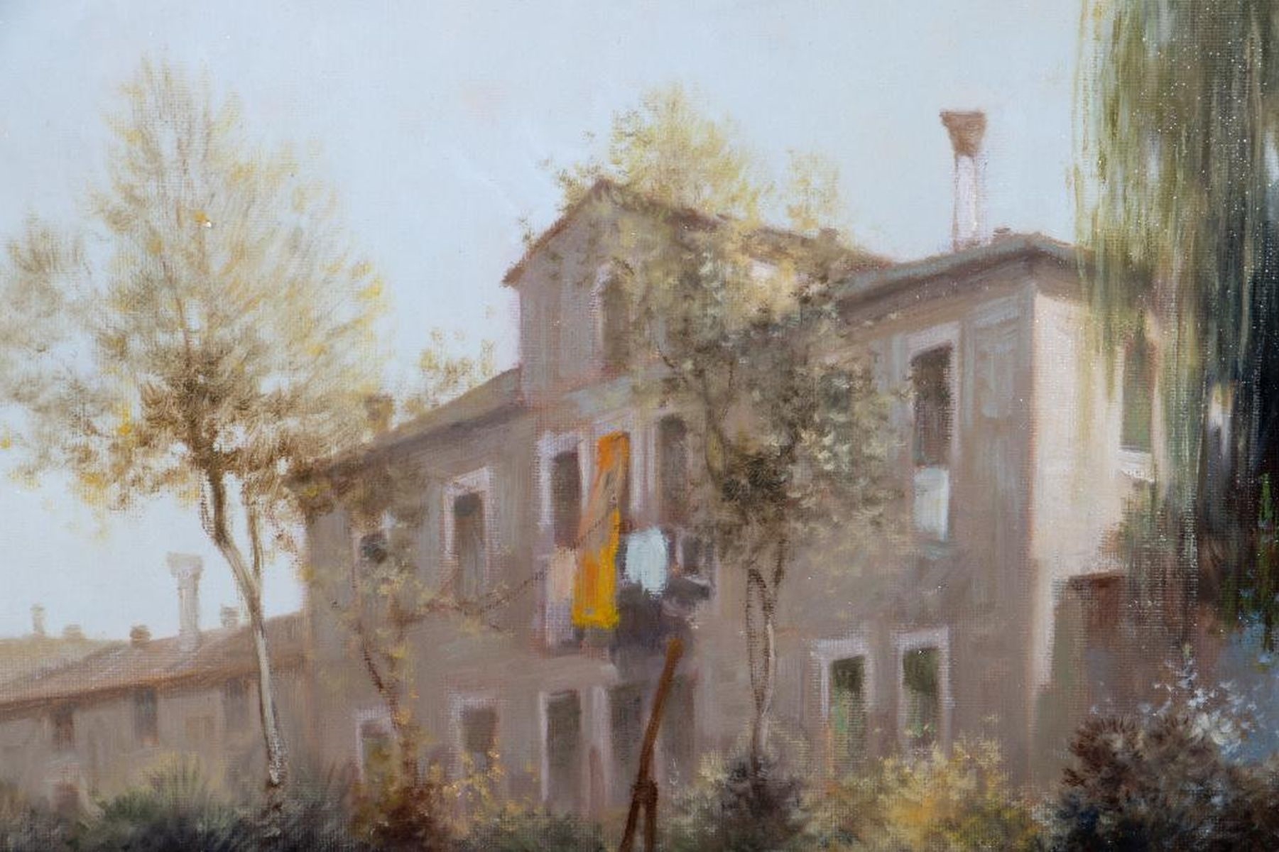 Artwork by Umberto Levi, Medium: Oil on board Title: Untitled (River landscape with houses, Made of Oil on board