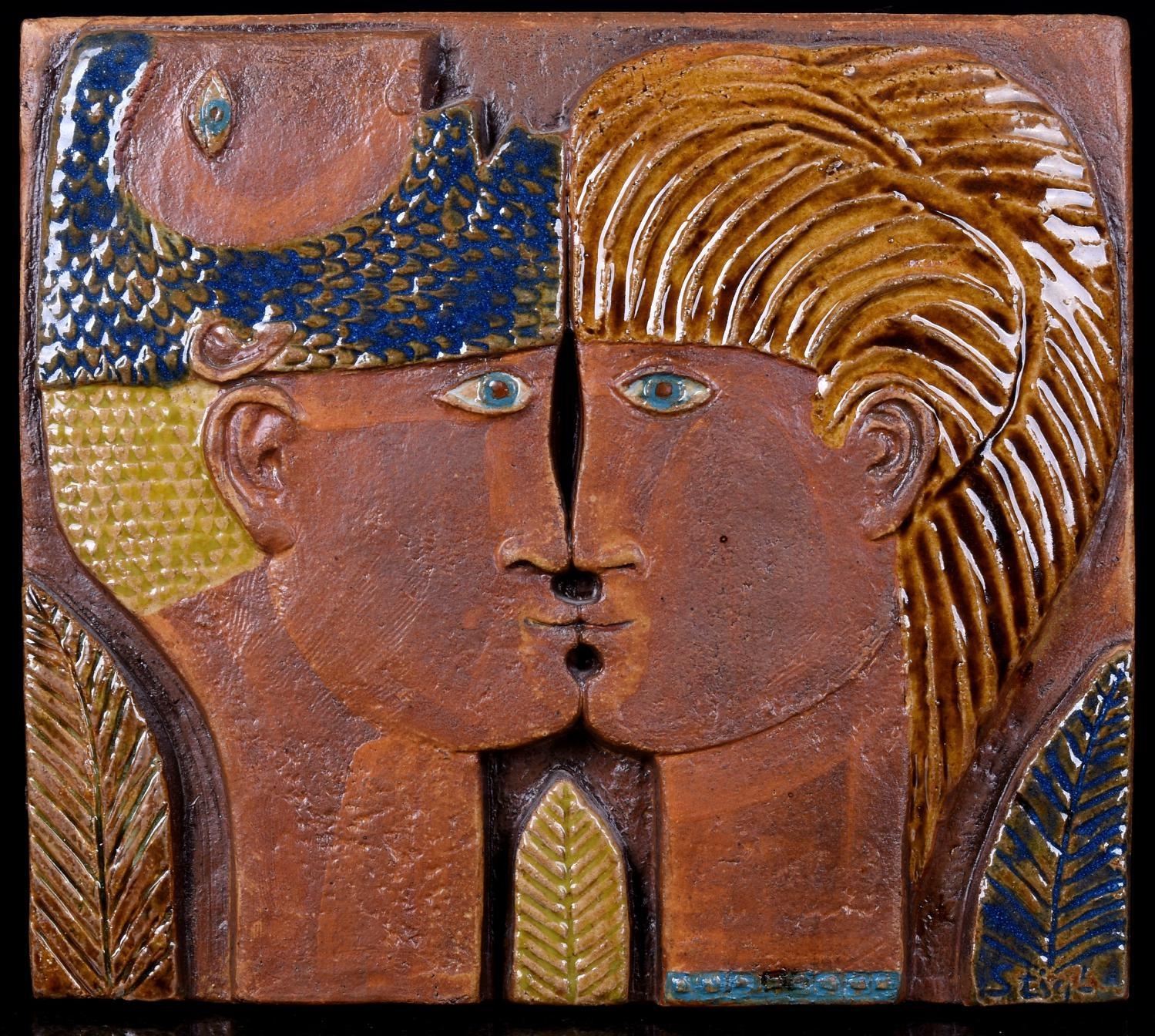 Wall Relief "Love couple" of partially glazed stoneware
